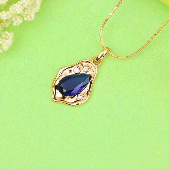 "Royal Blue Teardrop Pendant with Gold Plated Frame, XPPT1733 - Picture 11 of 13